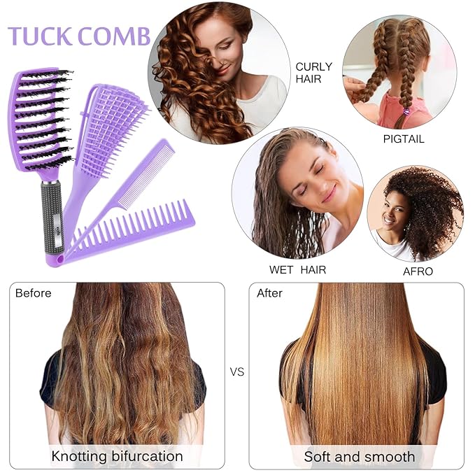 4pcs Curly Detangling Brush Set for Adult & Kids Wet or Dry, 3/4ABC Hair with Wide Tooth Comb (4, Purple)