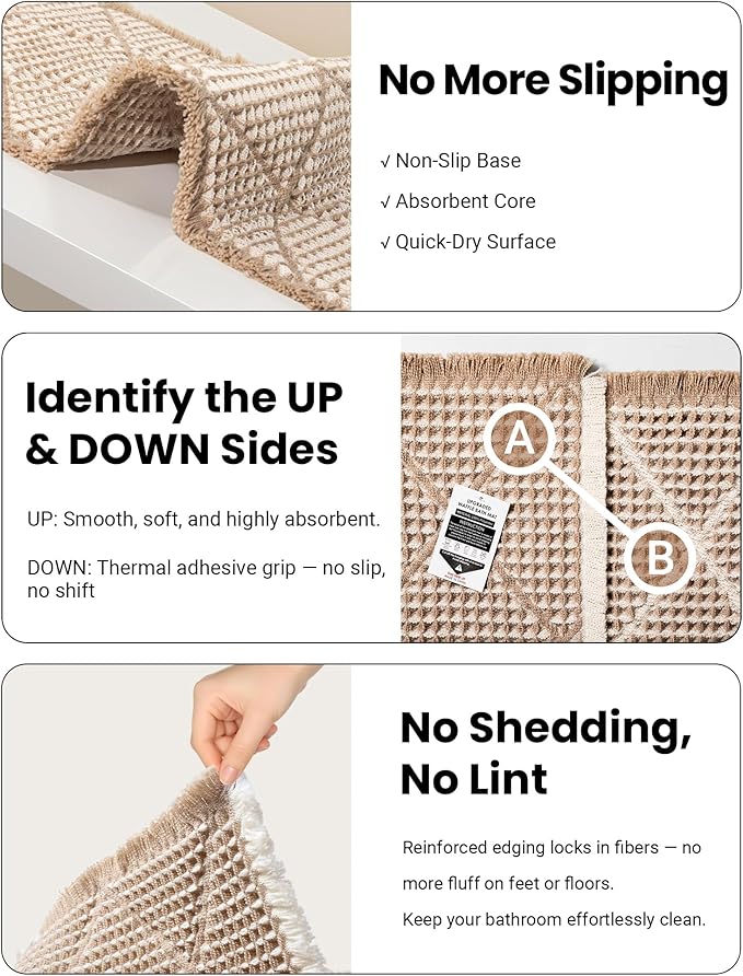 Furicher Waffle Bath Mat Set, Non Slip Bathroom Rugs 2 Piece, Brown & White