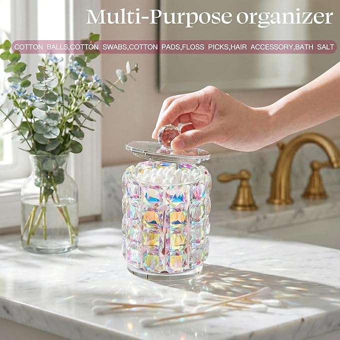 Bathroom Organizers and Storage, Crystal Qtip Holder, Makeup Brush Organizer, Bling Vanity Storage, Bathroom Essentials Accessories Decor for Cotton Balls, Swabs, Floss Picks, Hair Ties.Brushes