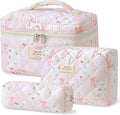 HBselect Quilted Makeup Bag, 3PCS Cotton Large Travel Makeup Bag, Cute Floral Coquette Make up Bag Cosmetic Bag Toiletry Bag for Women Girls