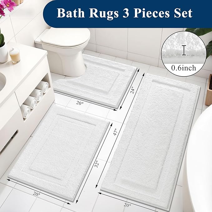 SHACOS White Bathroom Rugs Sets 3 Piece Bath Mat U Shaped Toilet Rug