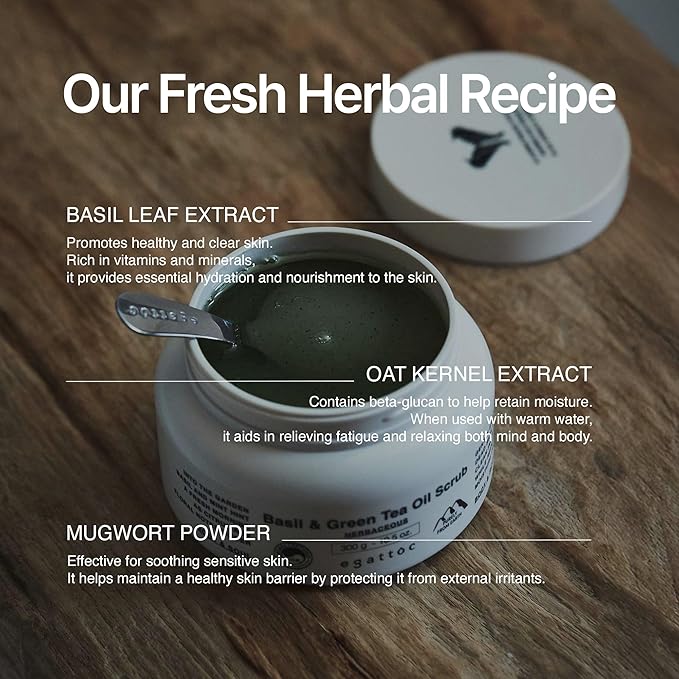 Egattoc Exfoliating Body Scrub for Sensitive Skin, Basil & Green Tea Oil Sugar Scrub with Himalayan Salt, Soothing BHA LHA Body Polish & Body Exfoliator, Mugwort & Oat, Green Citrus Scent, 10.5 oz