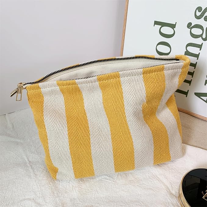 ITGOWISA Yellow Striped Makeup Bag for Women, Travel Makeup Pouch Purse