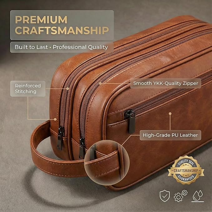 Men’s Toiletry Bag Travel Dopp Kit – double-deck Leather Water-Resistant Shaving Organizer Large Capacity, Double Compartments & Inner Pockets for Grooming, Bathroom & Gym Trip Toiletry Case(Black)