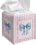 Grace Yonks Cute Tissue Box Cover Square - Pink Stripe and Blue Bow Design 5.2" PU Leather Holder for Vanity, Desk, or Bathroom Counter - Cube Case for Facial Tissues(001)