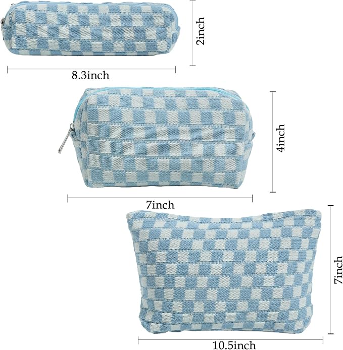 LYDZTION Large Capacity Makeup Bag Set - 3 Pieces Checkered Cosmetic Bag for Women Travel Makeup Bag Organizer Cute Makeup Brushes Storage Bag Travel Toiletry Bag Storage Bag for Women,Blue