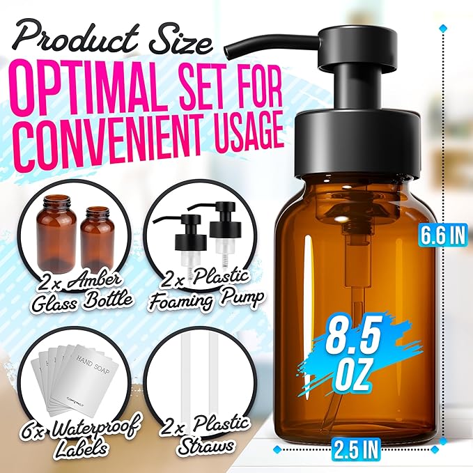 2 Pcs Amber Glass Foaming Soap Dispenser - 8.5 Oz Refillable Glass Foaming Hand Soap Dispenser, Non-Slip Bottom, 6 Moisture-Resistant Labels - Elegant Pump Bottles for Bathroom & Kitchen Counter Decor
