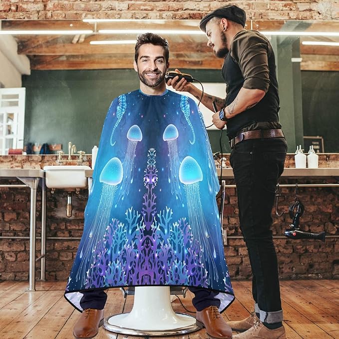 visesunny Barber Cape Magic Glowing Blue Jellyfish Polyester Hair Cutting Salon Cape Apron Anti-Static Haircut Shaving Cloth Beard Shaving Bib Hairdressing Cape