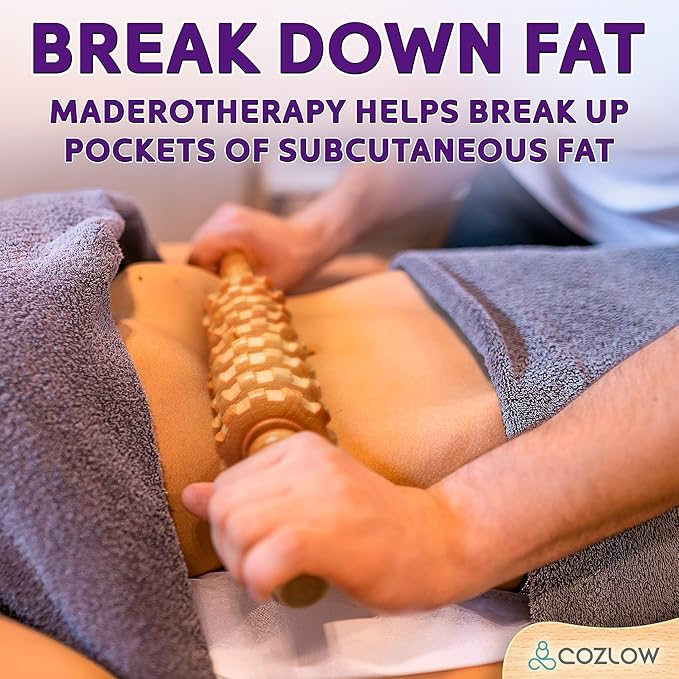 COZLOW Wooden Massage Roller Stick (9 Rollers) - Curved Wood Therapy Massage Tool for Body Sculpting, Fascia Release & Lymphatic Drainage - Maderotherapy Helps Reduce Cellulite Appearance