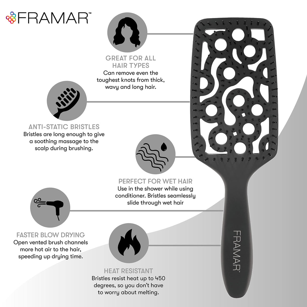 FRAMAR Professional Vented Hair Brush – Curved Hair Brush For Blow Drying, Wet Paddle Brush For Hair, Vent Brush For Blow Drying, Wet Hairbrush For Women – Heat Resistant - Black