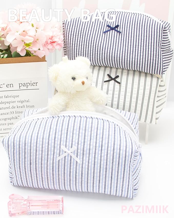 PAZIMIIK Cozy Makeup Bag for Women,Zipper Cosmetic Pouch,Stripe Blue Mix