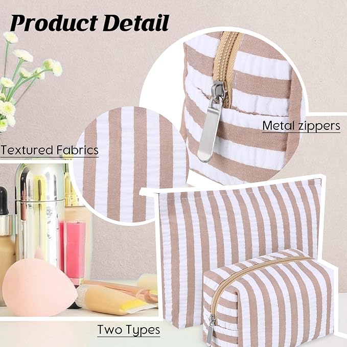 2 Pcs Makeup Bag Set Cute Cosmetic Pouch for Women Seersucker Travel Toiletry Bag Preppy Small Makeup Purse Pouch Aesthetic Skincare Brushes Storage Organizer for Valentine Women(Khaki Wide)