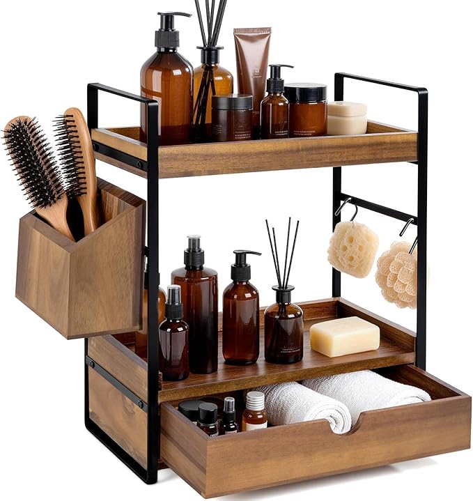 2-Tier Bathroom Counter Organizer, Acacia Wood Vanity Shelf with Drawer