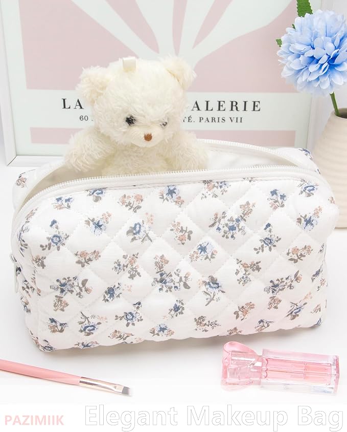 PAZIMIIK Small Quilted Makeup Bag,Zipper Cosmetic Pouch,Gauze Hyacinth