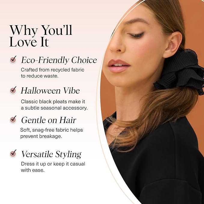Kitsch Pleated Scrunchie for Women - No Crease Hair Ties No Damage, Stylish and Comfortable Fabric Ponytail Holders for Everyday Hairstyles & Spooky Season Looks - 1pc