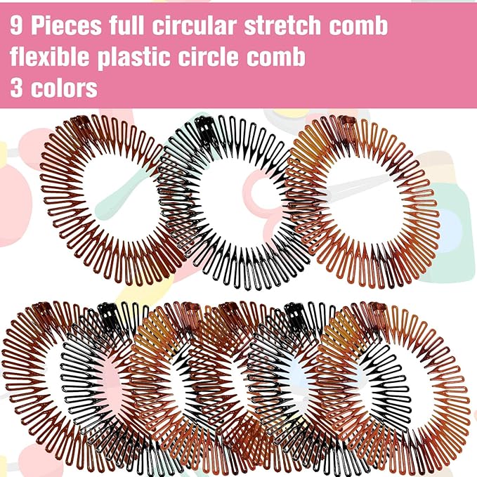 Shappy 9 Pieces Full Circular Stretch Comb Flexible Plastic Circle Comb Stretch Hair Headband Hairband Holder for Women Girls, 3 Colors(Black, Coffee, Tortoise Shell)