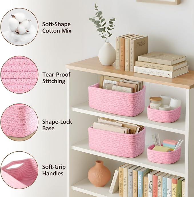 VIRETH HAUS 5-Pack Small Woven Rope Storage Baskets – 2 Sizes Organizer Bins for Closet, Shelf, Bookshelf, Nursery, Changing Table, Fabric Cube Boxes, Rectangular Shallow Bins for Bathroom, Toy & Home