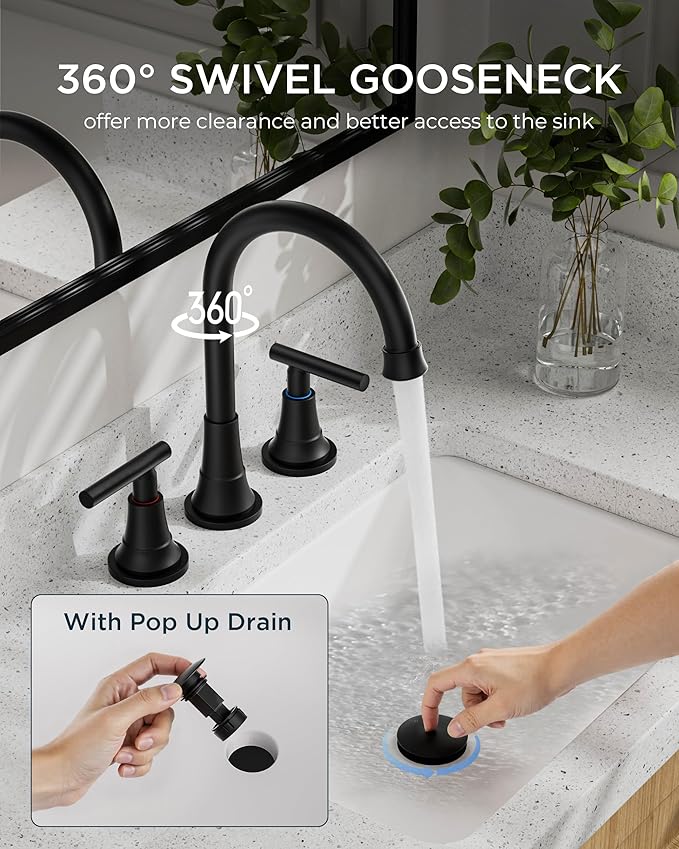 FORIOUS Black Bathroom Faucet 3 Hole Vanity, 2 Handle 360° Swivel Matte Black 8 Inch Widespread Bathroom Sink Faucet 3 Holes, with 360 Degree Rotating Spout, Pop-up Drain, Supply Lines
