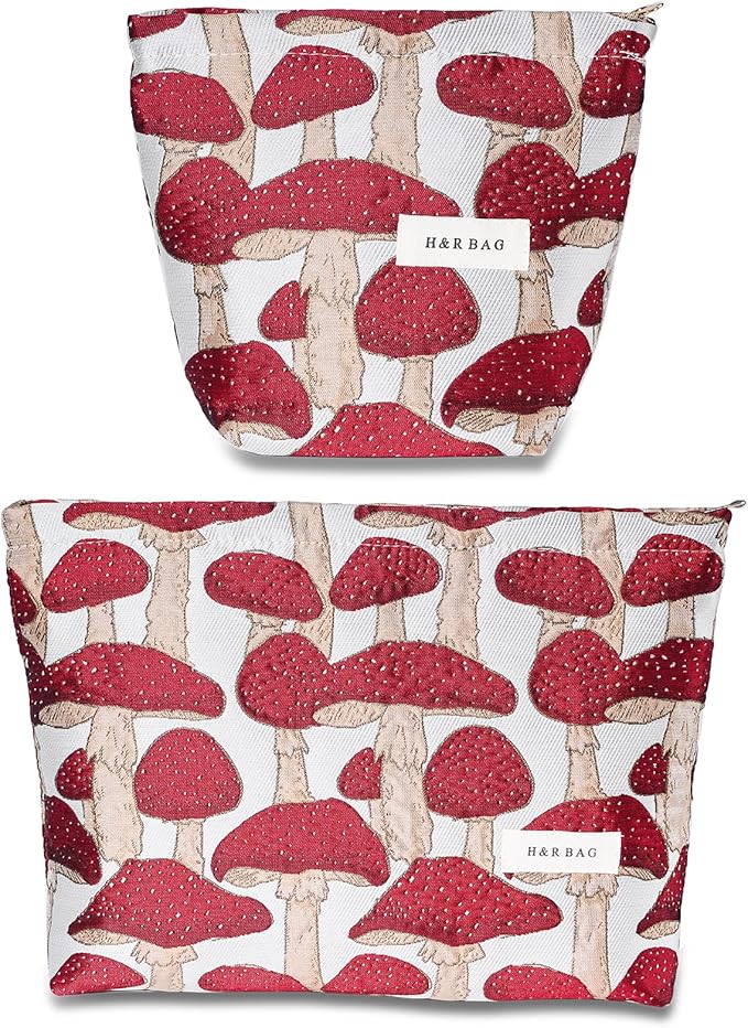 BOCGRPU 2 Pcs Makeup Bags for Purse, Large Cute Cosmetic Bag Travel Toiletry Bag Organizer for Women, Embroidery Craft Mushroom Makeup Bag Small Cosmetic Pouch Purse with Zipper (Red Mushroom)