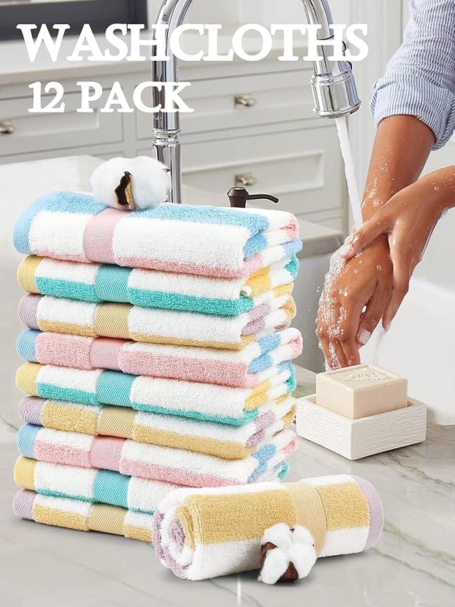 Jacquotha Cotton 12 Pack Striped Washcloths, 13 x 13 Inches, 3 Colors - Face and Body Cleansing Towels