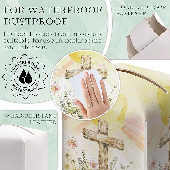 Cross and Wildflowers Tissue Box Cover Square, Religious Easter Waterproof Leather Tissue Box Holder, Cross Paper Facial Tissue Box Covers Cube for Officce Bathroom Home Prayer Room