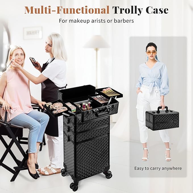 AROUS Rolling Train Makeup Case Cosmetology Case on Wheels, Black
