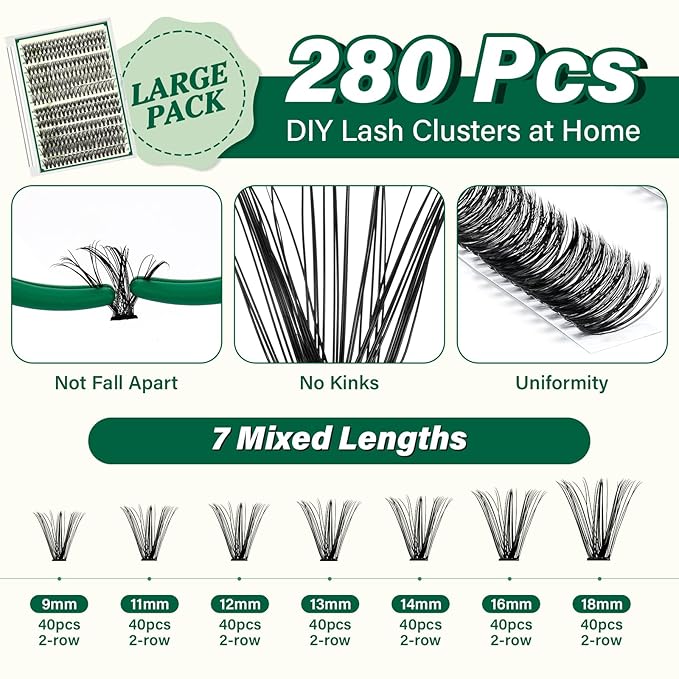 KEYYOU Lash Extension Kit DIY 280Pcs Lash Clusters Eyelash Extension Kit 30D40D,D Curl 9-18MIX Lash Clusters Kit with Lash Glue Remover Applicator Easy to Use for Beginners(Kit,30D40D-D,9-18MIX)