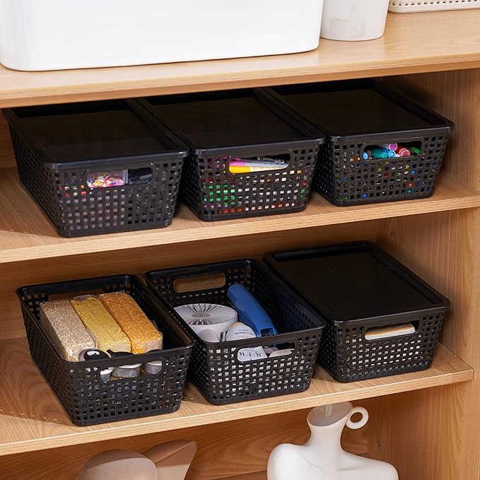 Anywish Plastic Storage Baskets With Lid, Storage Bins for Organizing, Stackable Decorative Containers for Shelves Drawers Desktop Closet Playroom Classroom Office, 6 Pack-Black