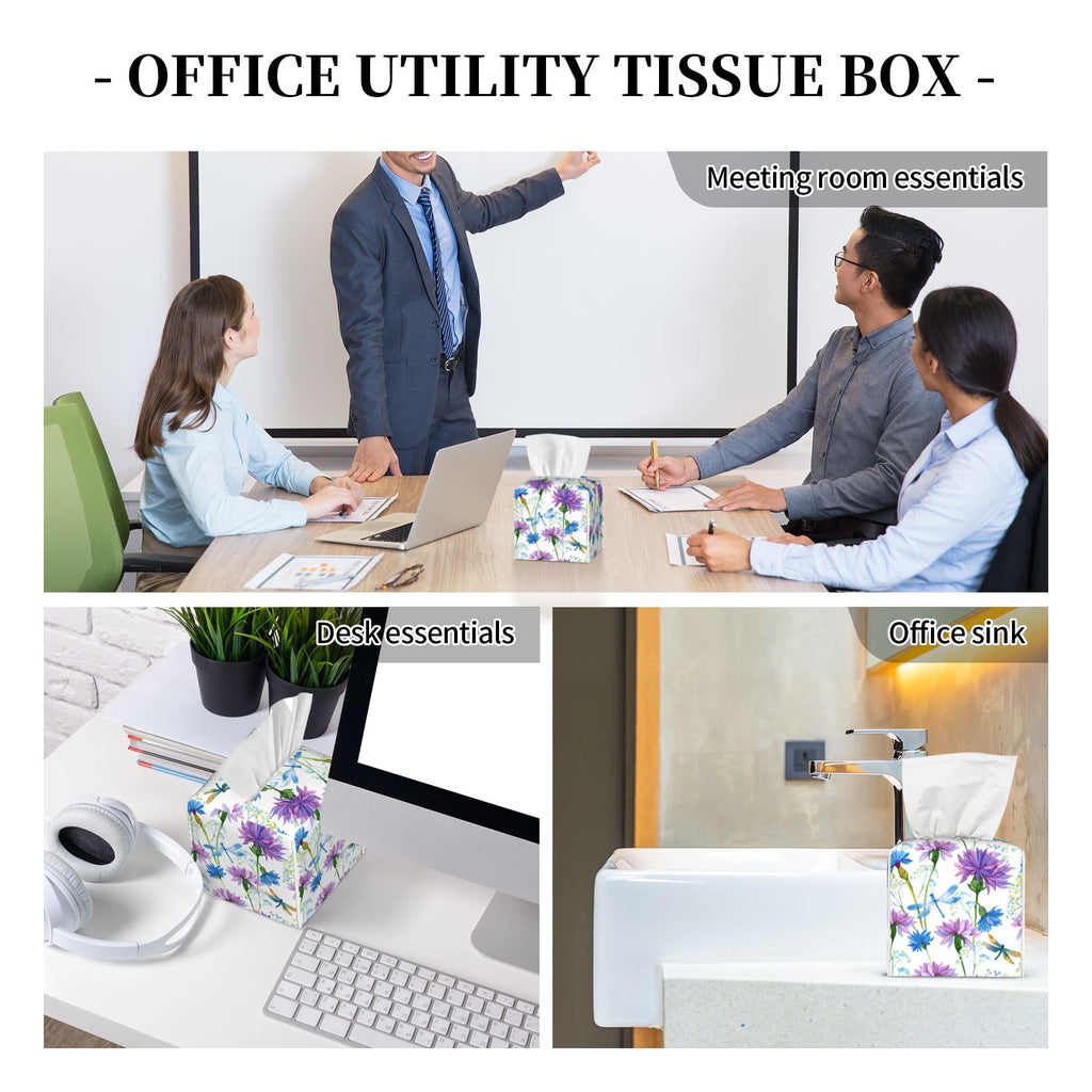 Watercolor Flowers and Dragonflies Tissue Box Cover Square,Purple Blue Floral Tissue Box Holder Waterproof Leather Facial Paper Organizer Dispenser for Bathroom Home Car Nightstand Vanity Desk