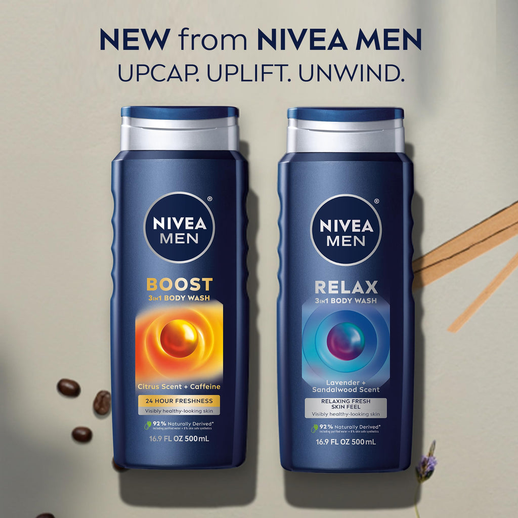 Nivea Men Relax 3-in-1 Body Wash, Lavender and Sandalwood Scented Men's Body Wash Cleanses Face, Body and Hair, 16.9 Fl Oz Bottle, Pack of 6