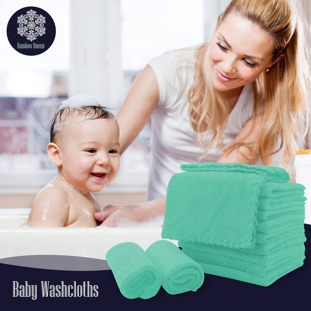 16 Pack Baby Washcloths - 10x10 Inch, Coral Fleece - Extra Absorbent and Soft Wash Clothes for Newborns, Infants and Toddlers - Suitable for Sensitive Skin and New Born - Baby Shower - Aqua Green