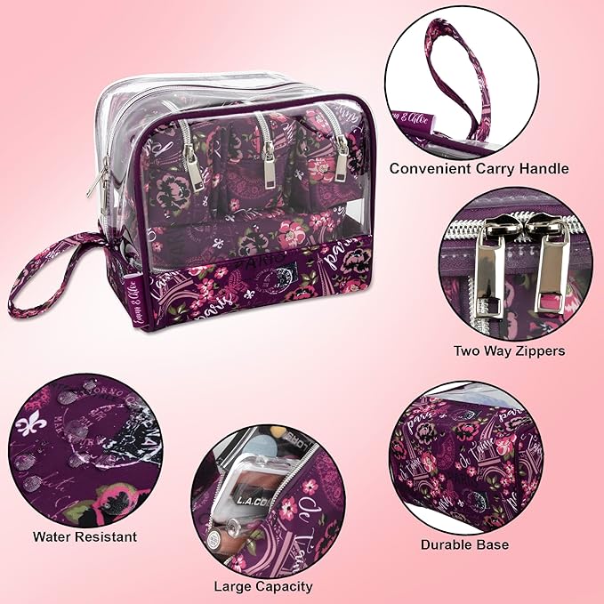 Emma & Chloe Travel Toiletry Bags for Women, 5 Piece Waterproof Cosmetic Case, Bag, Pouch Makeup Organizer Set for Women, Home Counters (Je T'aime Paris)