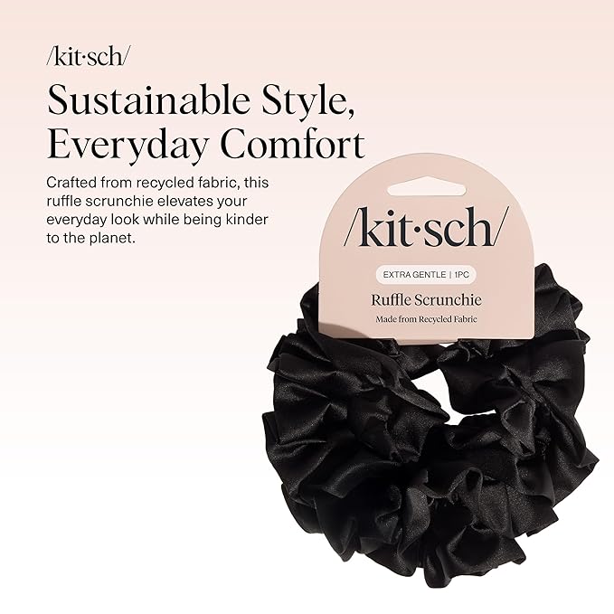Kitsch Recycled Satin Ruffle Scrunchie – Gentle Hair Scrunchie for Women, Eco-Friendly Hair Tie No Damage, Stylish Ponytail Holder - Black