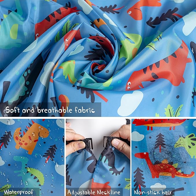 Gealaek Kids Haircut Cape and Neck Duster Brush Set with Dinosaur Pattern Kids Barber Cape 55x40 Inches for Boys & Girls Salon Cape Kit (Blue)