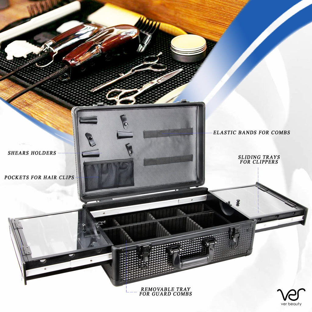 Ver Beauty Professional Barber Stylist secure Lock Attached Carrying Portable Travel Case Sliding Organizer Storage Clipper Trimmer Blade Shears Comb Display Tool Box, Black Ice Cube (VBK008X-152)