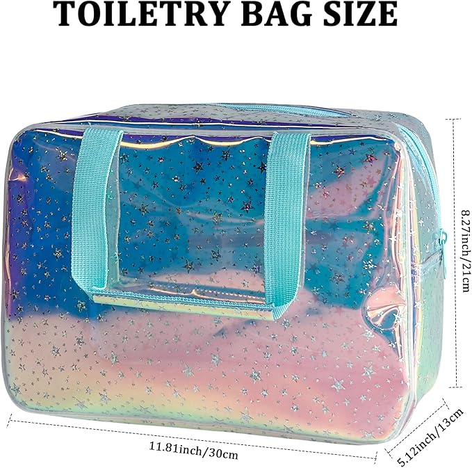 TotePrint Holographic Blue Clear Star Large Cosmetic Bag and TPU Travel Pouch with Handle,Durable Material,Zipper Design-Ideal for Makeup,Travel Essentials (Holographic Blue+Stars)