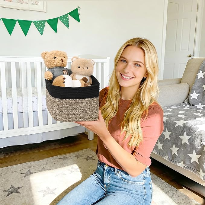 3 Pack Cube Storage Bin, 9”x9”x7” Cotton Rope Woven Baskets for Organizing Toys Clothes Towels, Square Gift Storage Baskets for Shelf, Nursery, Closet, Bathroom, Pantry (Black & Brown)