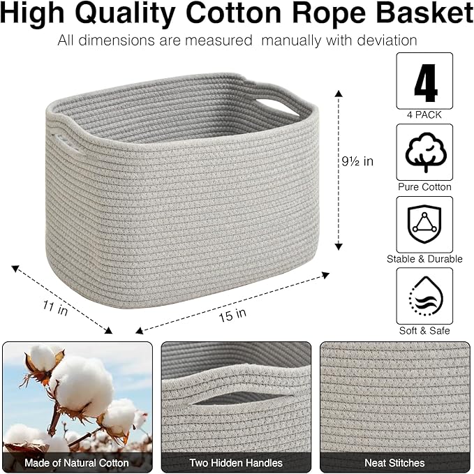 ICERZCZ Storage Baskets for Organizing & Shelves, Woven Cotton Rope Organization Bins for Dog Toys, Clothes, Books, Nursery Organizer, 15" Lx11 Wx9.5 H, (4 Packs) Grey