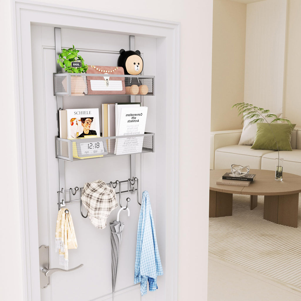 HapiRm Over The Door Hanger with Coat Hooks and 2 Baskets, Rustproof & Waterproof Over The Door Hooks, Storage Organizer for Hats, Bathroom, Kitchen, Bedroom - Brushed Nickel