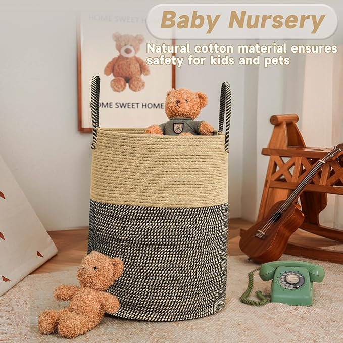 JMvicyroam Large Woven Laundry Basket Hamper,60L Cotton Rope Storage Bin for Blankets,Toys and Clothes,Decorative Tall Nursery Hamper for Living Room,Baby Nursery,Bathroom and Bedroom,Brown and Black