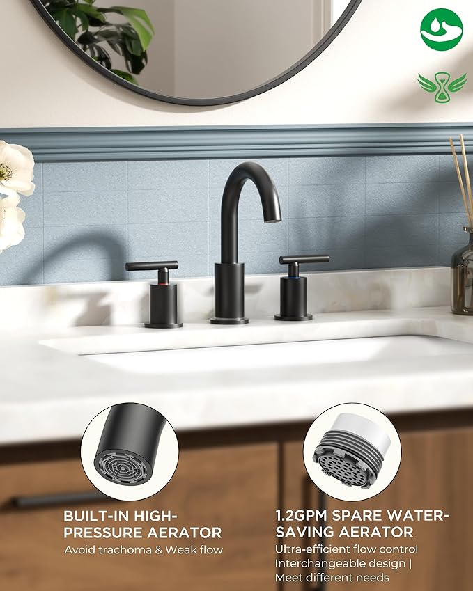 FORIOUS LED Bathroom Faucet Black 3 Hole with Temperature Changing 3 Color Lights, 8" Widespread Matte Black LED Bathroom Sink Faucet 3 Hole with Pop Up Drain, Supply Lines, 360° Swivel Spout