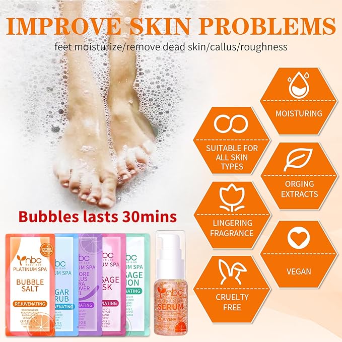 nbc BeautiLab Pedicure Foot Soak Set - Upgraded 6 in 1 Foot Spa, Foot Bath Spa, Pedicure Kit for Tired & Dry Cracked Feet, Athletes Feet, Bad Odor, Softens Calluses (Orange)