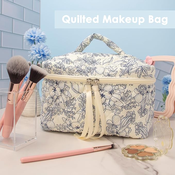 PAZIMIIK Quilted Makeup Bag Large Travel Zipper Soft Cosmetic Case for Women Girls Make Up,Jouy Blue