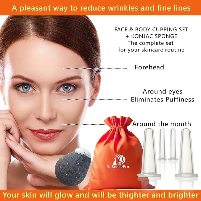 Anti-Aging Facial Cupping Set for Face and Neck with Japanese Konjac Sponge for Enhanced Skin Care
