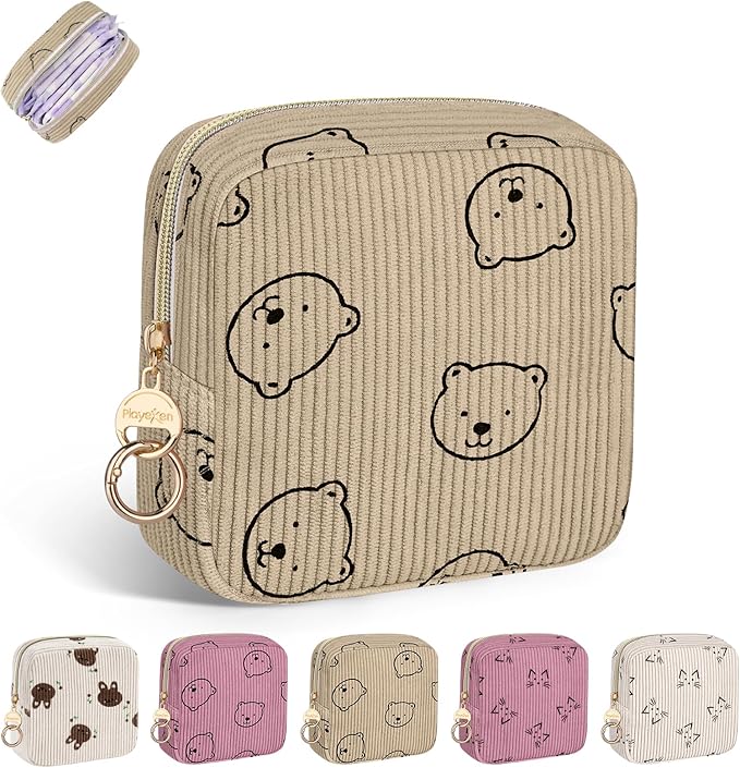 Period Bag for Teen Girls, Corduroy Sanitary Napkin Storage Bag, Menstrual Pad Pouches Tampon Holder for Purse (Bears-Khaki)