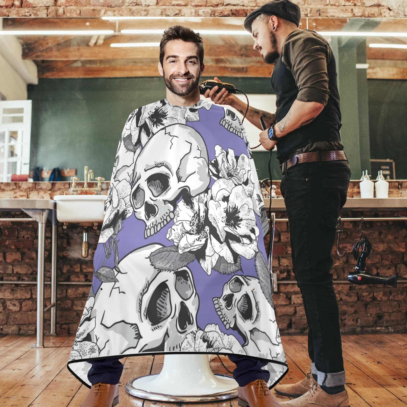 visesunny Barber Cape Purple Skull Polyester Hair Cutting Salon Cape Apron Anti-Static Haircut Water-Resistant Shaving Cloth Beard Shaving Bib Hairdressing Cape