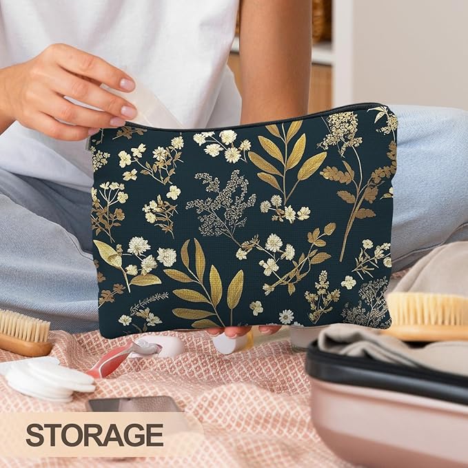 RYYCDOI Vintage Boho Floral Makeup Bag, Dark Moody Wildflowers Floral Cosmetic Bags for Women, Dark Cottagecore Botanical Plant Zipper Makeup Pouch