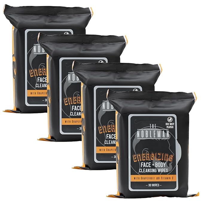 The Nobleman 4-Pack Face + Body Aloe Infused Cleansing Wipes: 4 Energizing Packs with Grapefruit Chamomile and Vitamin C (120 Ct.)