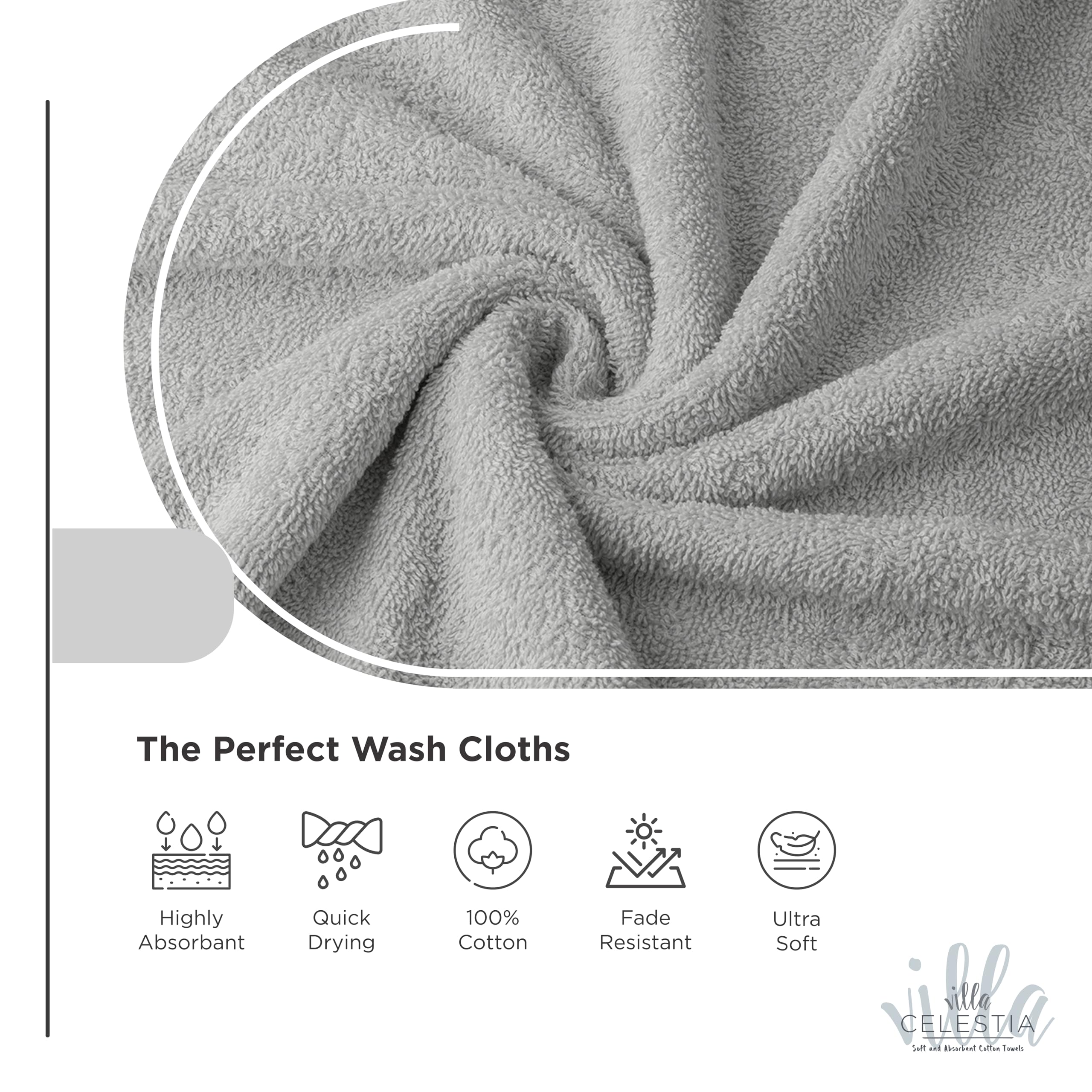 Villa Celestia Cotton Washcloths Set of 6, 12x12 Inch, 100% Ring-Spun Combed Cotton, Soft Absorbent Quick-Dry Wash Cloths for Face and Body, Oeko-TEX Certified, Hotel & Spa Quality, Silver Grey