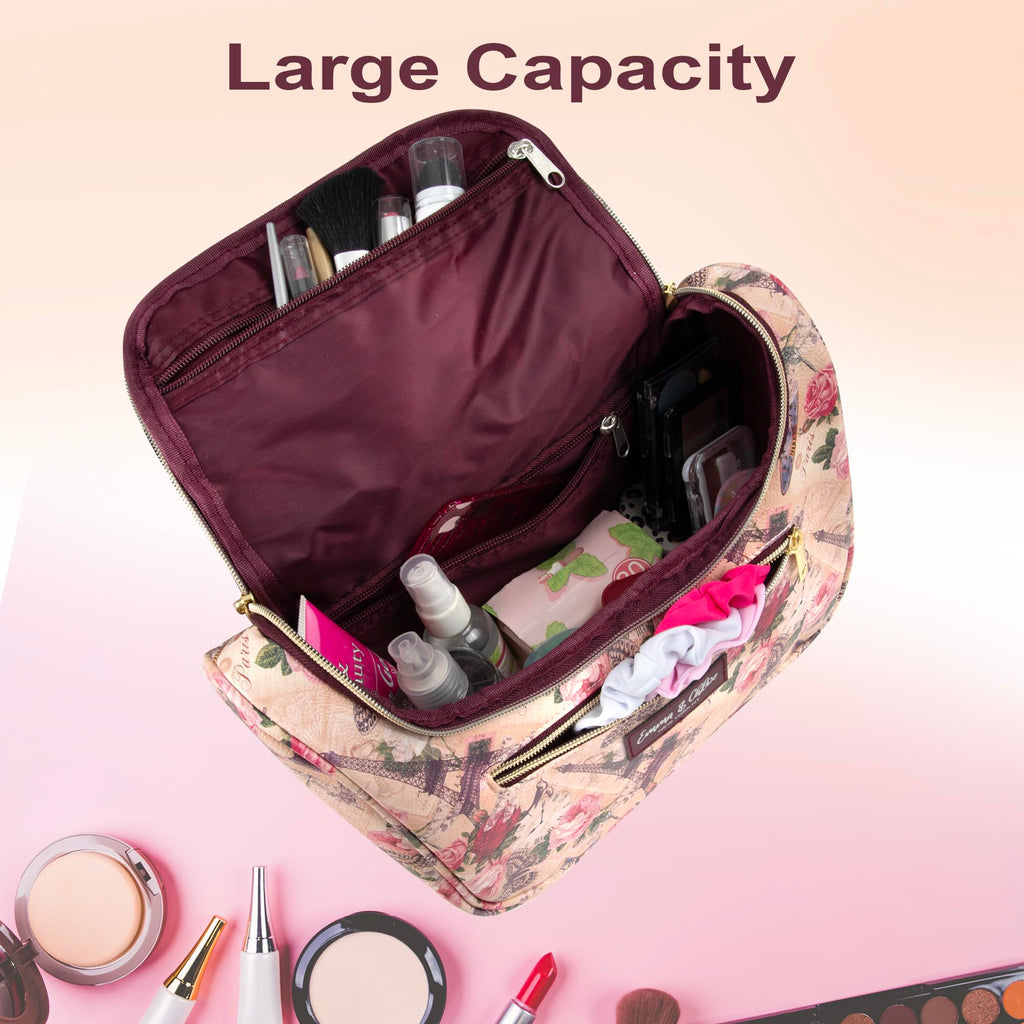Emma & Chloe Large Cosmetic Case Makeup Organizer, Toiletry Bag for Women | 4 Section Waterproof Travel Make Up Organizing Bags (Pretty in Paris)